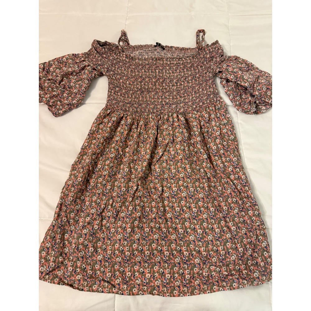 Luna Floral Smocked Mini Dress Pink Green Ditsy Puff Sleeve Off Shoulder Medium